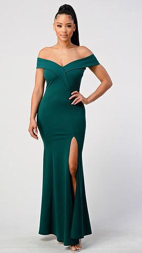 Off the Shoulder Slit Maxi Green Dress