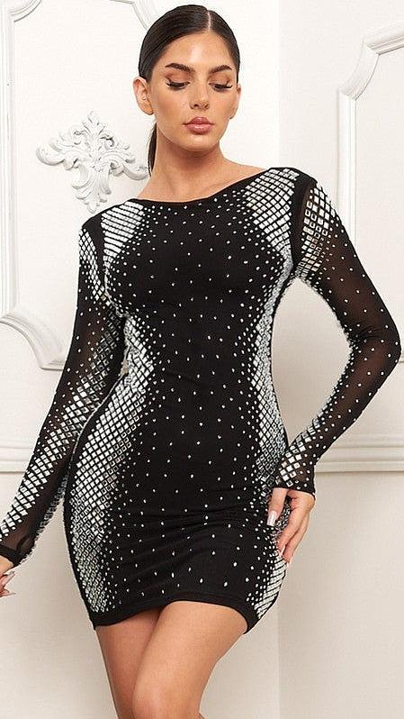 Square Rhinestone Mesh Mini Dress