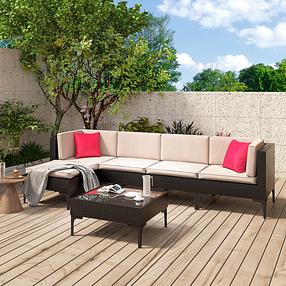 Furniwell 6 Pieces Patio Furniture Set Outdoor Sectional Couch with Metal Feet and Glass Table