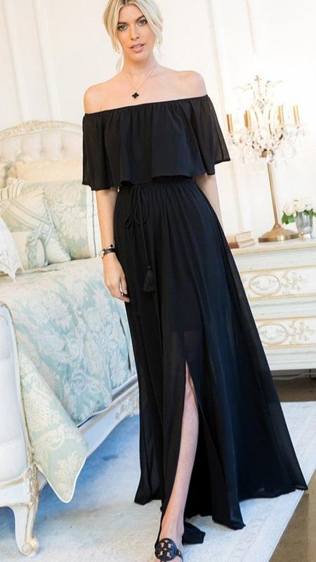 Off-Shoulder Chiffon Maxi Dress - Black