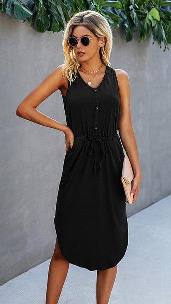 Button-Front Solid Black Dress