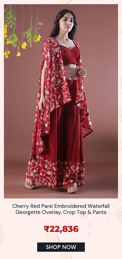 Cherry Red Parsi Embroidered Waterfall Georgette Overlay, Crop Top Pants 22,836 