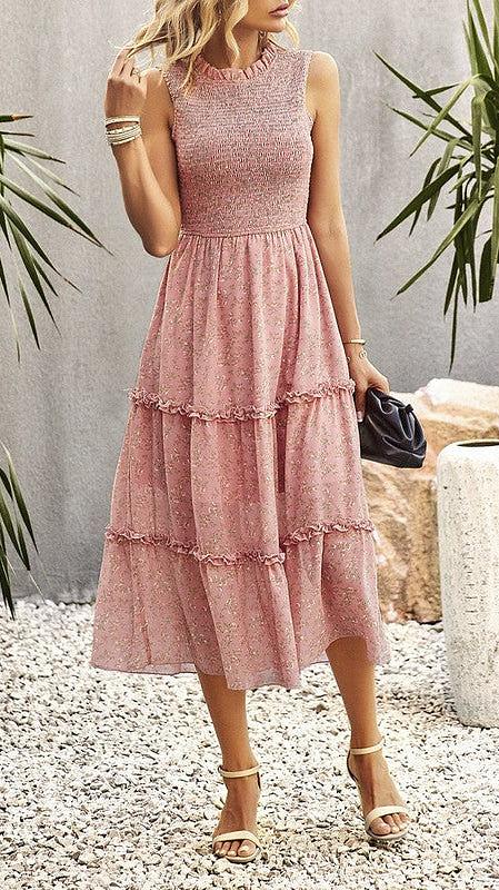 Floral Print Hem Pink Sleeveless Dress