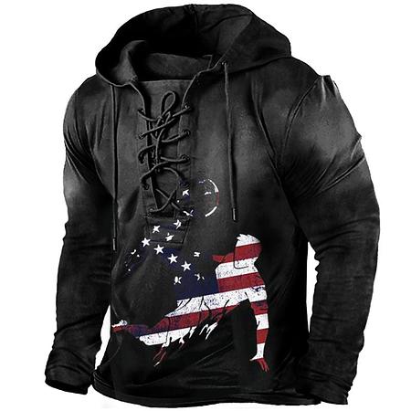 Mens Outdoor American Flag Soccer Print Lace-Up Hoodie