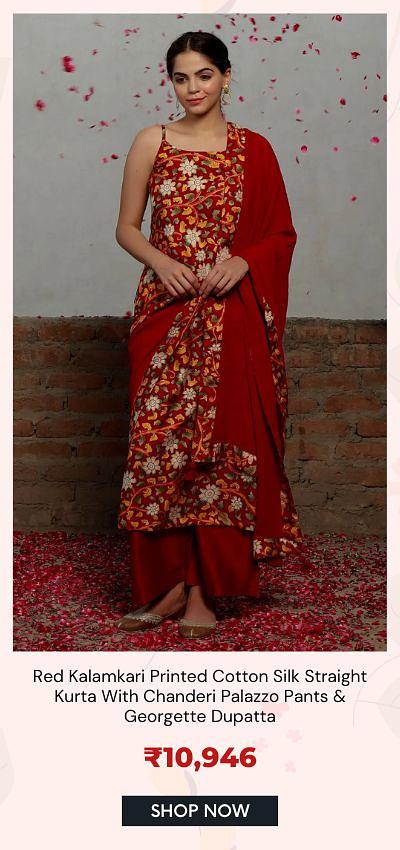 Red Kalamkari Printed Cotton Silk Straight Kurta With Chanderi Palazzo Pants Georgette Dupatta SHOP NOW 