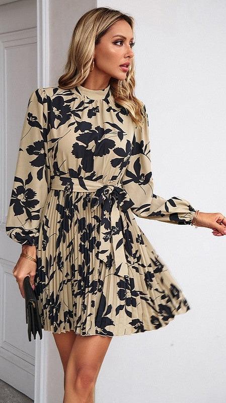 Floral Mock Neck Belt Ruched Midi Dress