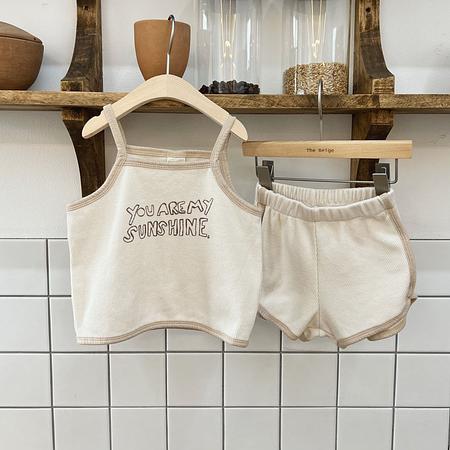 Toddler Contrast Trim Waffle Tank Top and Shorts Set (1-5y) - Cream  