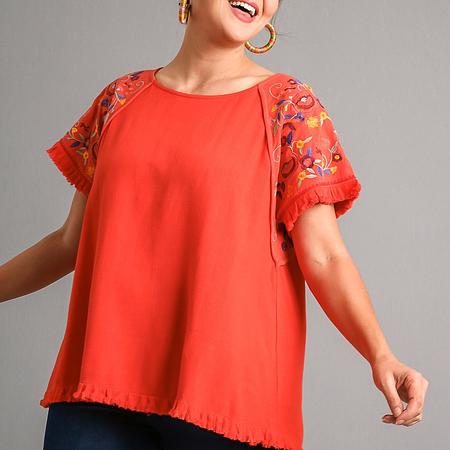 Umgee Embroidery Round Neck Short Sleeve Linen Top