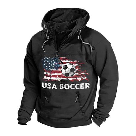 Mens Casual American Flag Soccer Print Zipper Pockets Hoodie USA SOCCER 