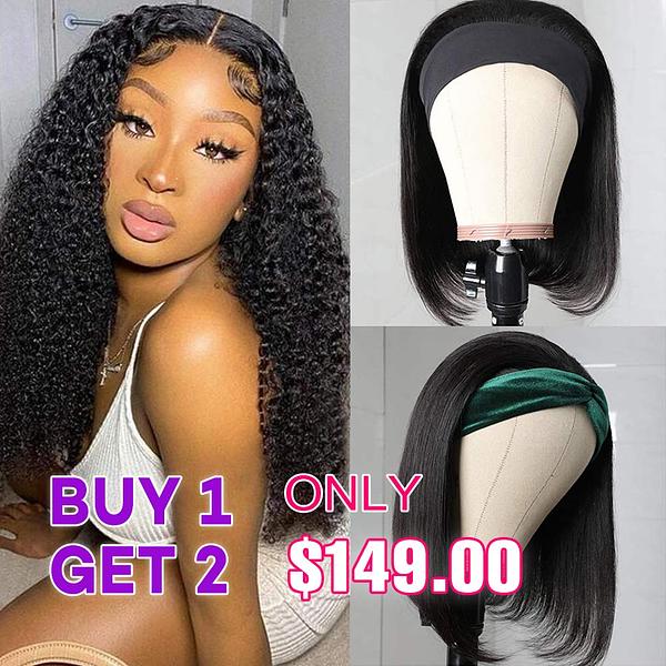Buy One 180% Density Transparent Lace Closure Curly Wigs Get One Free Straight Headband Bob