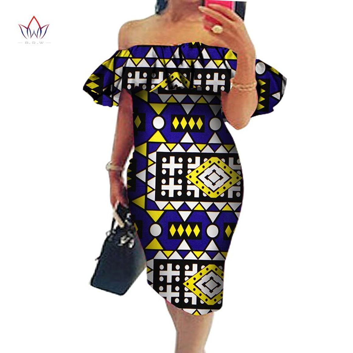 Cotton Off-shoulder African Print Bodycon Dress - Various Colours Available in UK Sizes 8 - 22