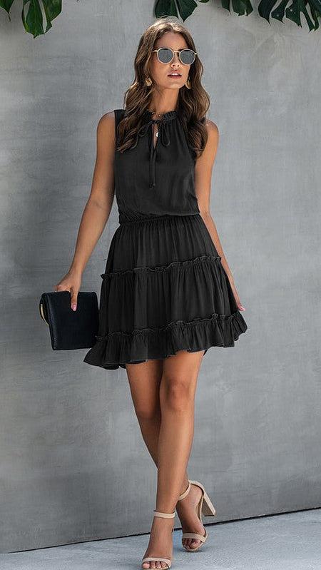 Sleeveless Drawstring Black Dress