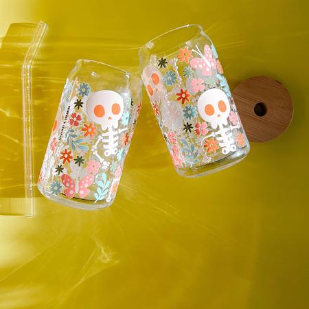 Skeletons and Flowers 16oz Glass Cup