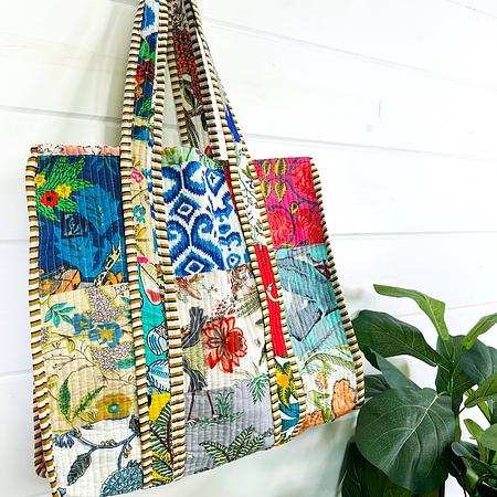 Cotton Quilted Block Print Tote Bag Reversible - Patchwork