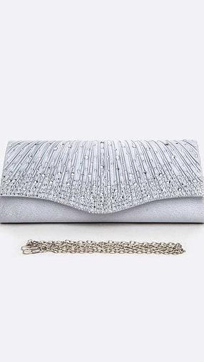 Crystal Pave Pleated Satin Clutch Silver Bag