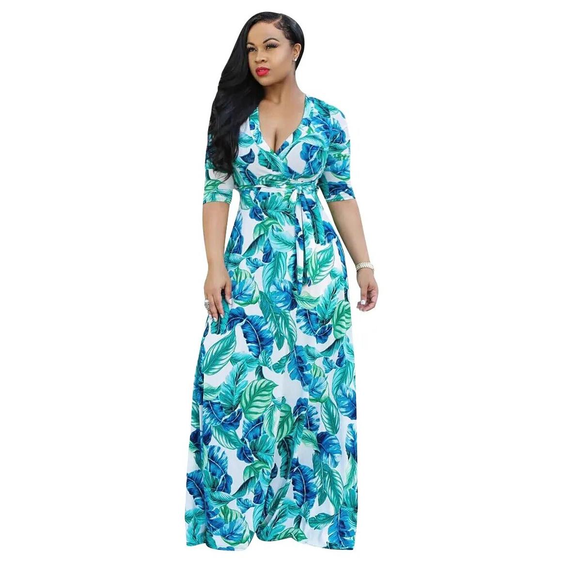 Blue and Teal V-neck Full Length Maxi Dress with Belt - Available in Sizes S -3XL