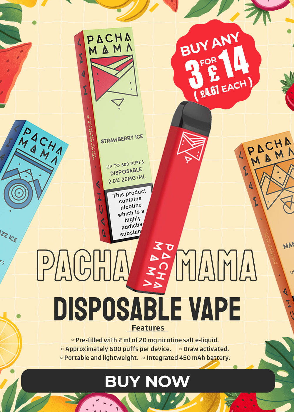  Euh L pMLBM A % 4 A Wbl BACH TR T 4 S . DISPOSABLE VAPE Features Pre-filled with 2 ml of 20 mg nicotine salt e-liquid. Approximately 600 puffs per device. Draw activated. Portable and lightweight. Integrated 450 mAh battery. BUY NO 