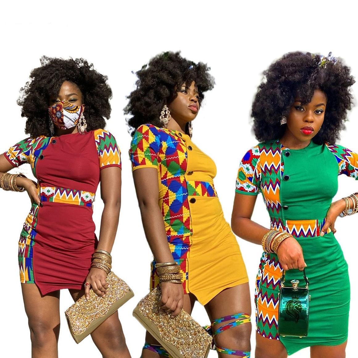 Dashiki Print Mini Dress - Available in Red, Yellow or Green