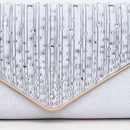 Crystal Pave Pleated Satin Clutch Silver Bag