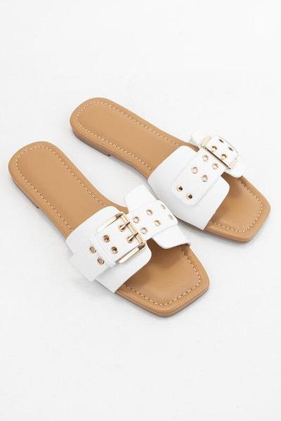 White Eyelet Belt Buckle Slide Sandal