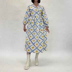 Handmade White Blue Yellow Floral Wrap Dress Reworked From Vintage Curtains - SIZE S 6/8