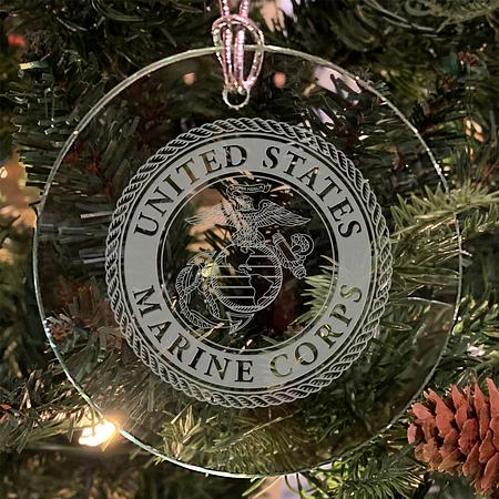 USMC &#39;Pick Your Design&#39; 3&quot; Round Etched Glass Christmas Tree Ornament