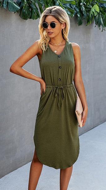 Button-Front Solid Olive Dress