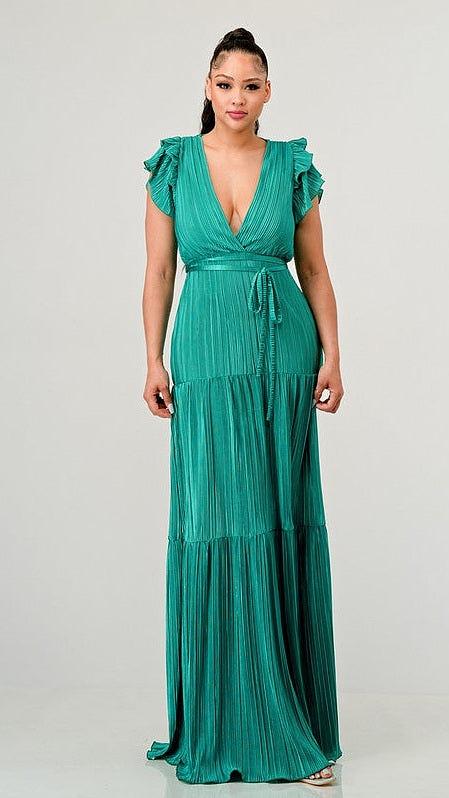 Ruffled Cap Sleeve Pleated Maxi Dress