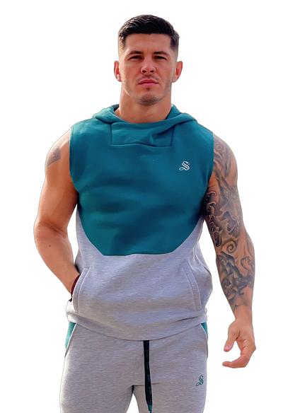 Akuna - Grey/Green Sleeveless Hoodie for Men