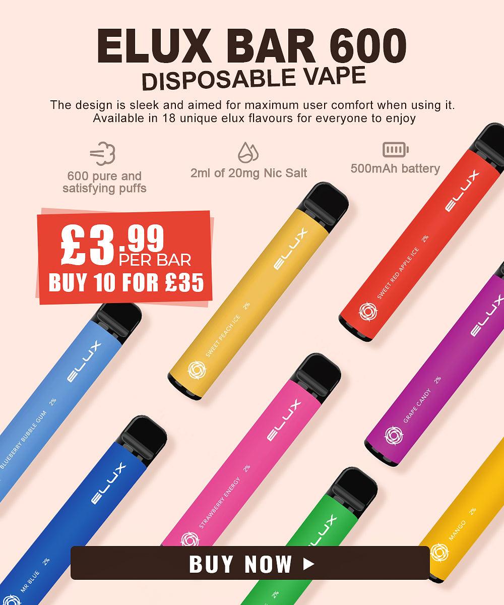 ELUX BAR 600 DISPOSABLE VAPE The design is sleek and aimed for maximum user comfort when using it. Available in 18 unique elux flavours for everyone to enjoy 2 m 600 pure and 2ml of 20mg Nic Salt 500mAh battery satisfying puffs E Y0 PER BAR BUY 10 FOR 33 