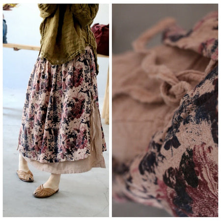 Women Summer Retro Floral Printed Cotton Linen Skirt