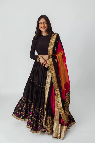 Full Flare Black Tiered Lehenga