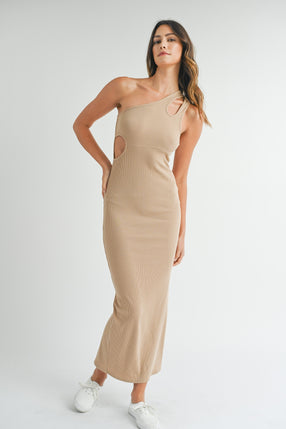 Taupe One Shoulder Cut Out Midi Dress