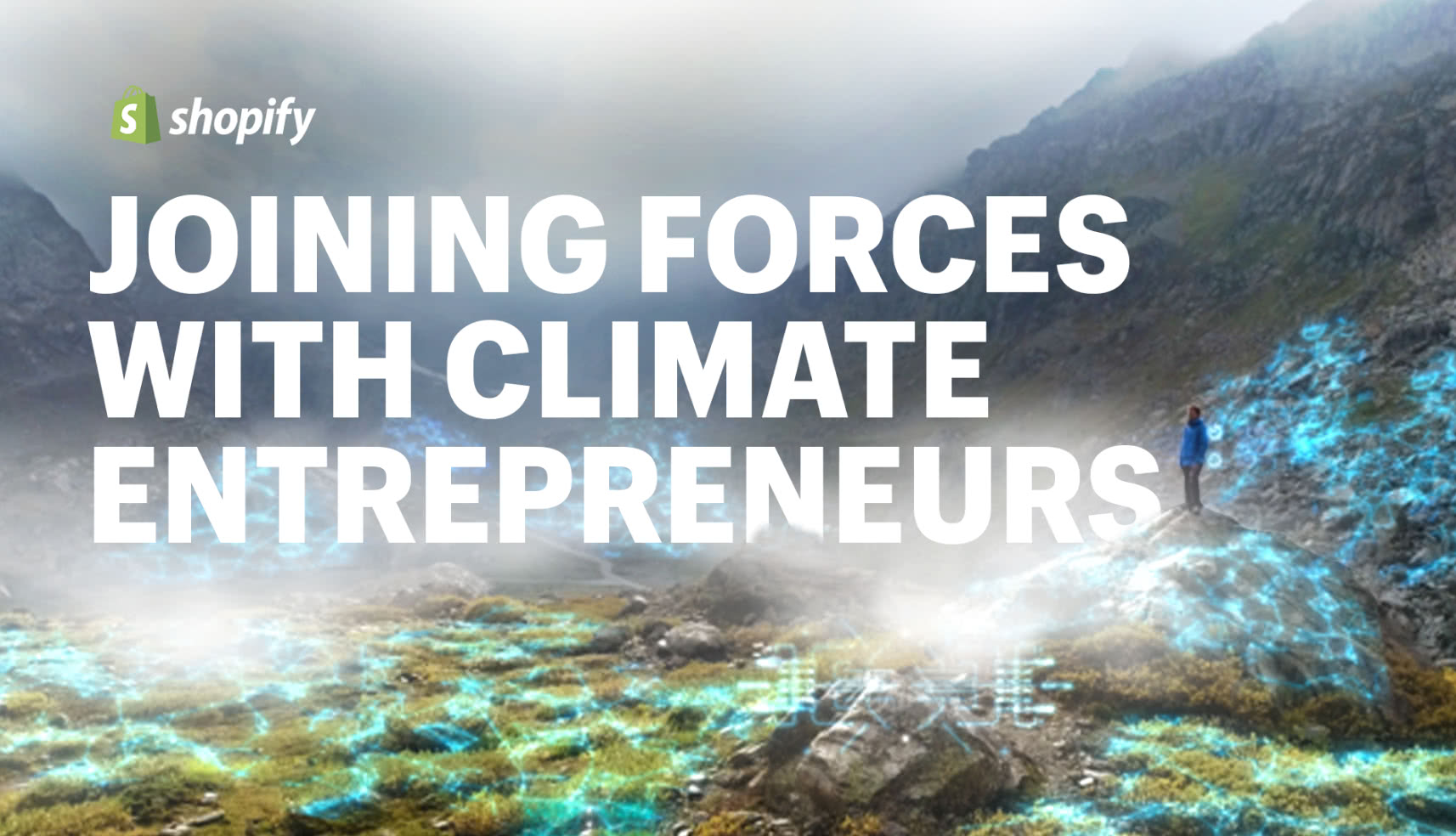 Title card with the message "Joining forces with climate entrepreneurs" overlaid on a scenic nature image