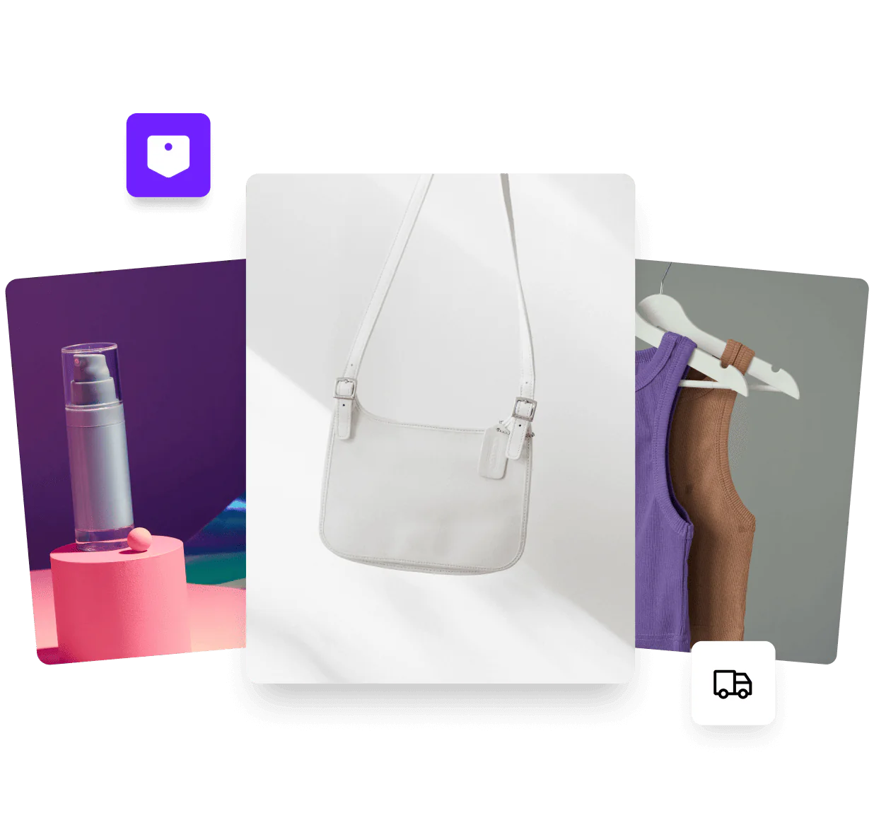 Trois photos de produits comprenant un spray cosmétique, un sac à main en cuir blanc et deux débardeurs sur cintres.