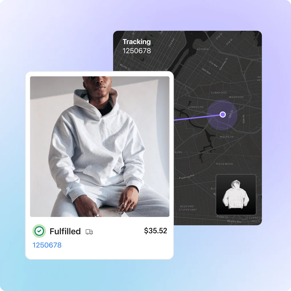 A collage of two overlapping images. In the foreground, a product image of a man wearing a light grey hoodie. Below him, there is a tickbox labelled “fulfilled” along with an order number and a cost of $58.19, indicating someone has placed an order for the hoodie seen in the product image. In the background, a map is labelled “Tracking” and it has a picture of the hoodie, indicating the map reflects the tracking journey of the shipped item.