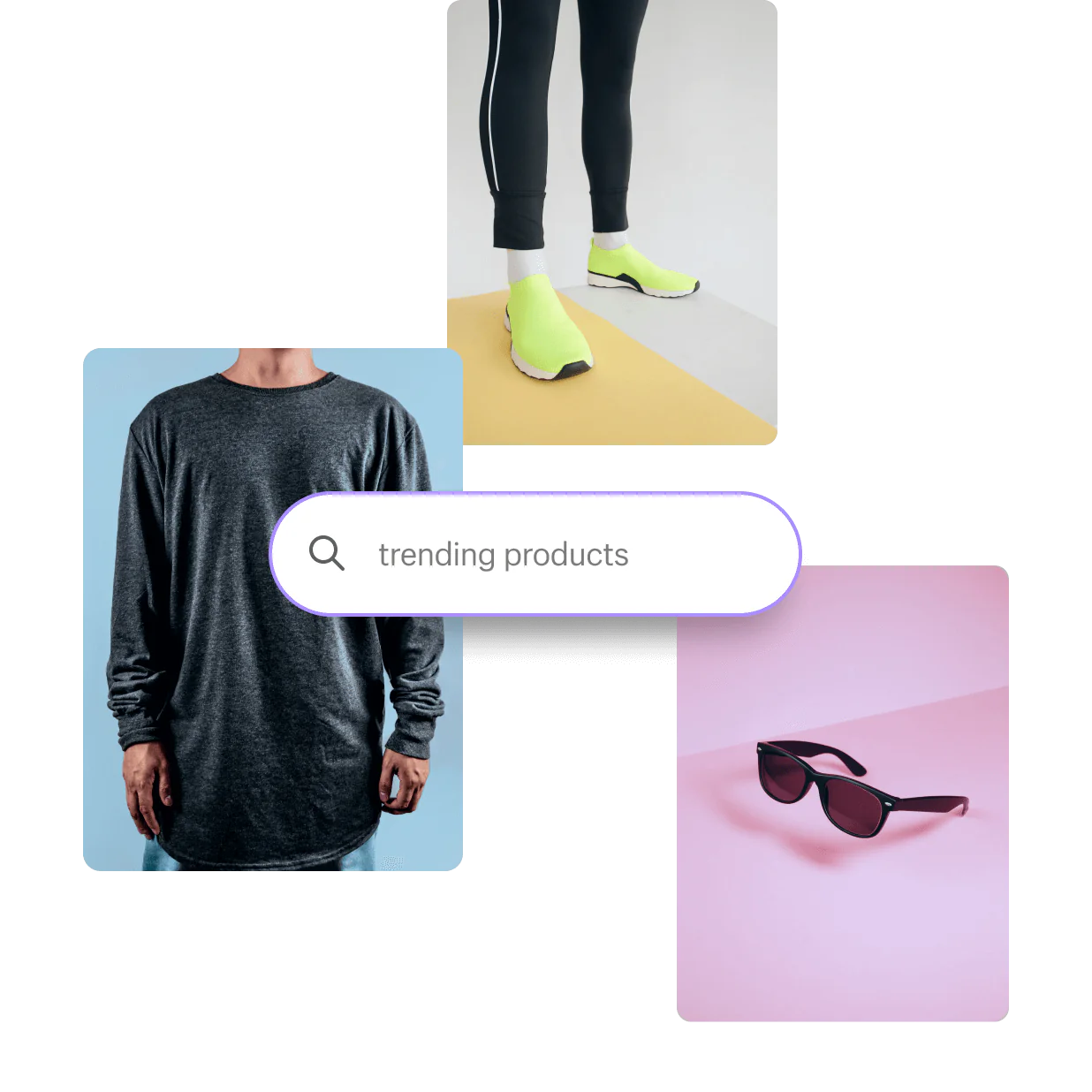 A search bar with the text of Trending Products hovers over three product images: a black t-shirt, classic sunglasses, and bright green running shoes.