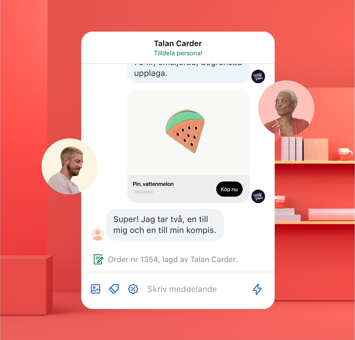 Ett öppet chattfönster visar ett samtal om en order mellan en butiksmedarbetare och en kund. En bild på en kvinna representerar medarbetarens kommentarer och en bild på en man representerar kundens svar.