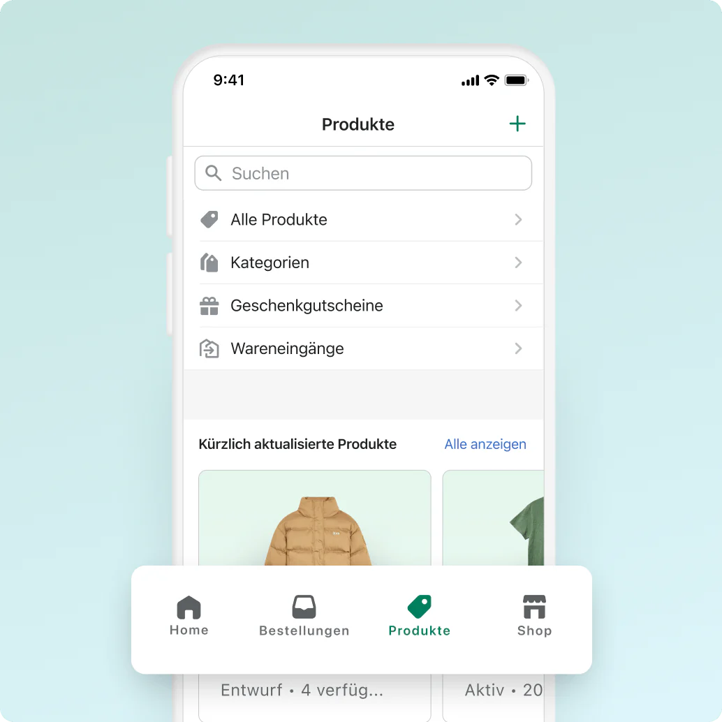 Ein Mobiltelefon mit der Shopify-App auf dem Bildschirm, worauf das Produktinventar in einem Onlineshop anzeigt wird.
