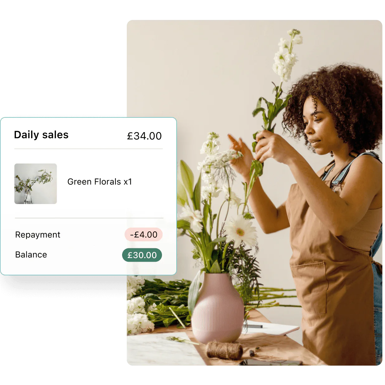 Business owner arranging flowers plus a view of a daily sales report.