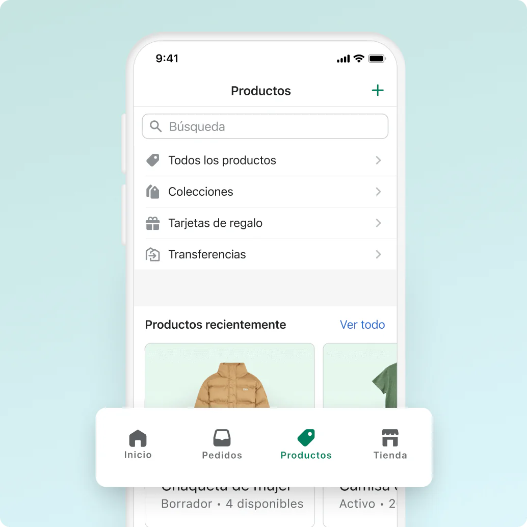 Un celular con la aplicación de Shopify en la pantalla, que muestra el inventario de productos de una tienda online.