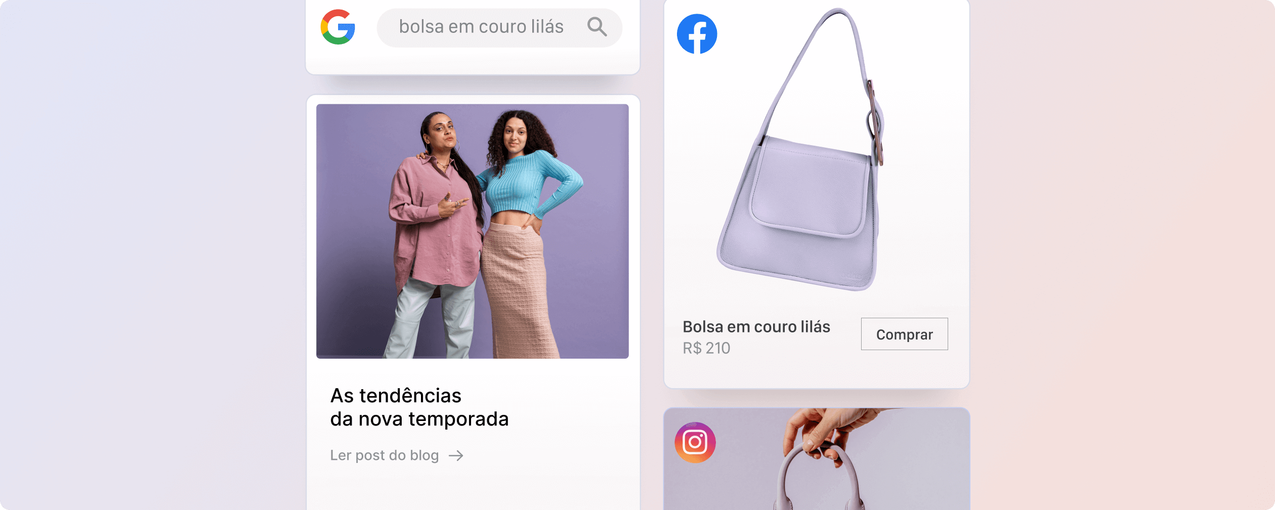 Uma série de imagens de marketing para uma marca de roupas, mostrando um post de blog ao lado de anúncios do Google, Facebook e Instagram.