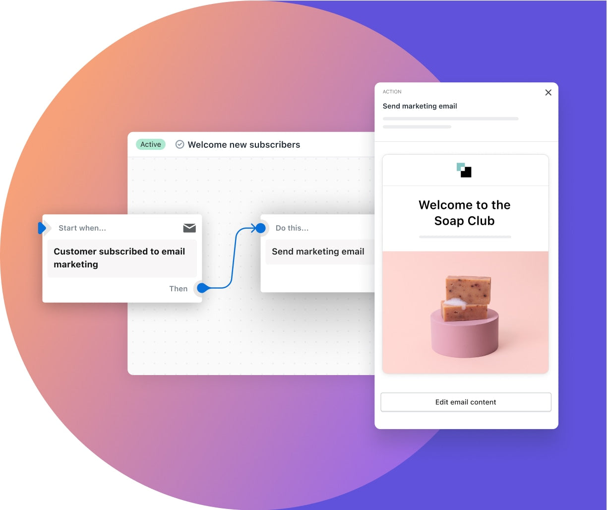 Uma automatização de fluxo de trabalho com o nome “Welcome new subscribers” (Bem-vindos novos subscritores) inclui um acionador à esquerda para quando um cliente tiver subscrito o marketing por e-mail, ligado à ação à direita por uma seta, que significa enviar e-mail de marketing. Um e-mail de amostra para a empresa Soap Club aparece no fundo.