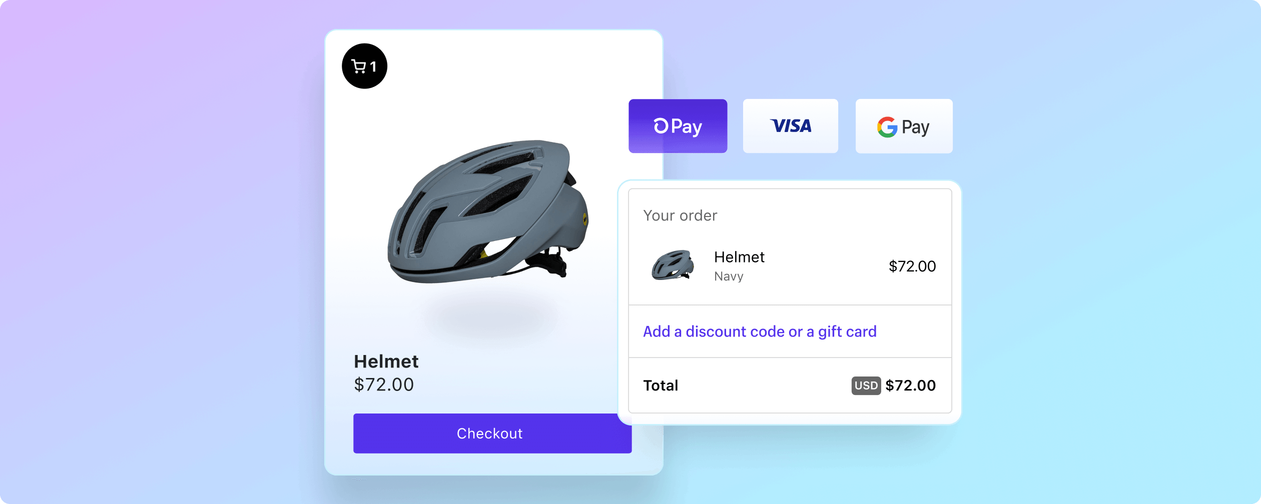 自転車のヘルメットの購入と、Shop Pay、Visa、Google Payの決済の選択肢が描かれているShopifyのチェックアウト画面。