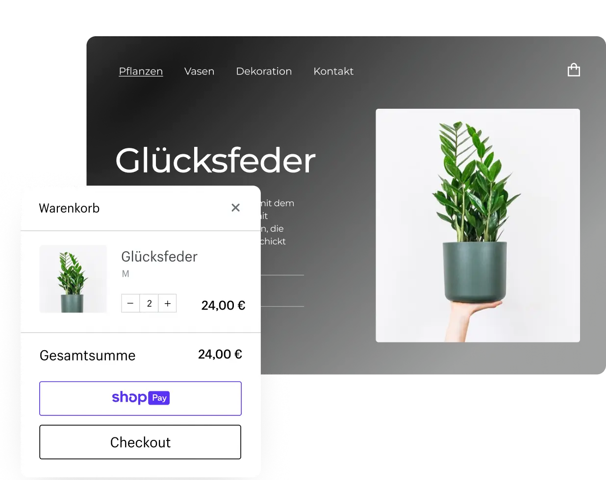 Ein Pflanzenprodukt in einem Shopify-Onlineshop und in einem Online-Warenkorb.