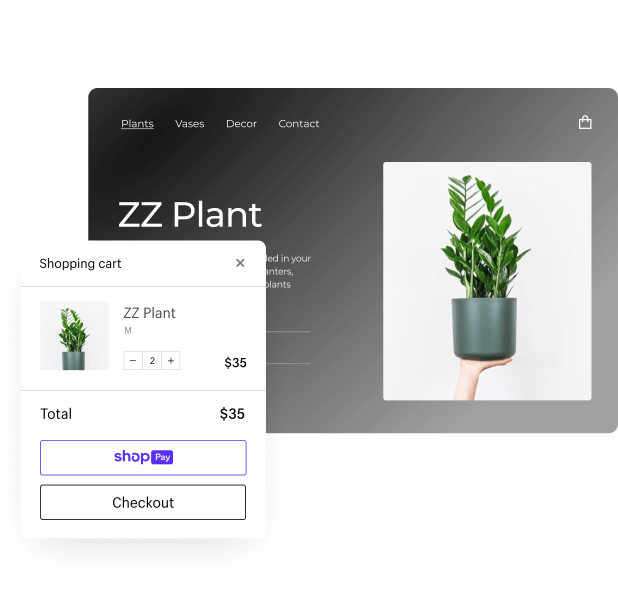 A plant product in a Shopify online store and in an online shopping cart.