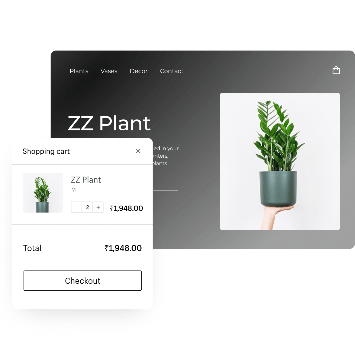 A plant product in a Shopify online store and in an online shopping cart.