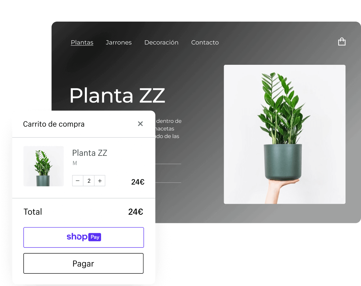 Una planta a la venta en una tienda online Shopify y un carrito de compras online.