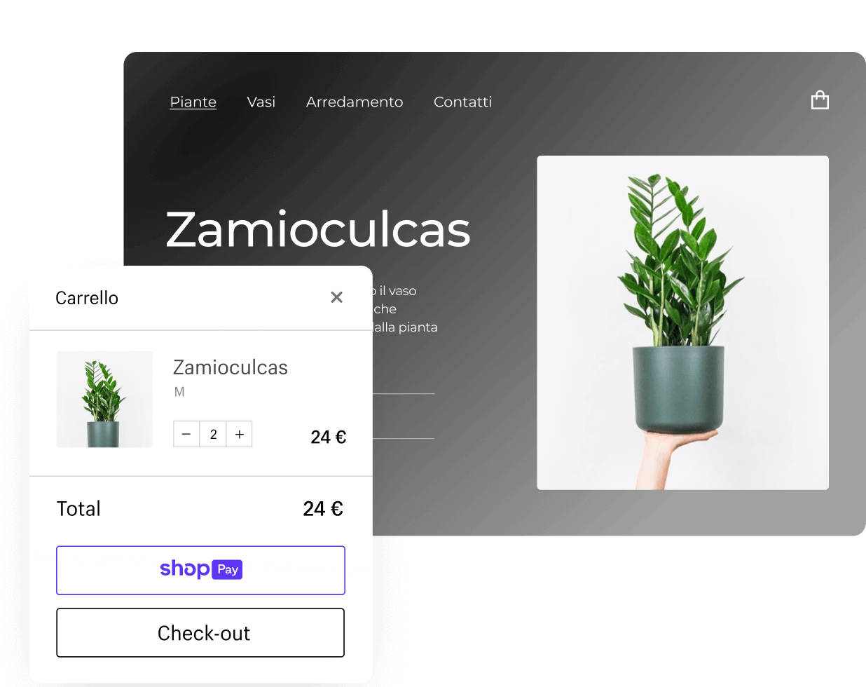 Una pianta in vendita in un negozio Shopify e nel carrello online.