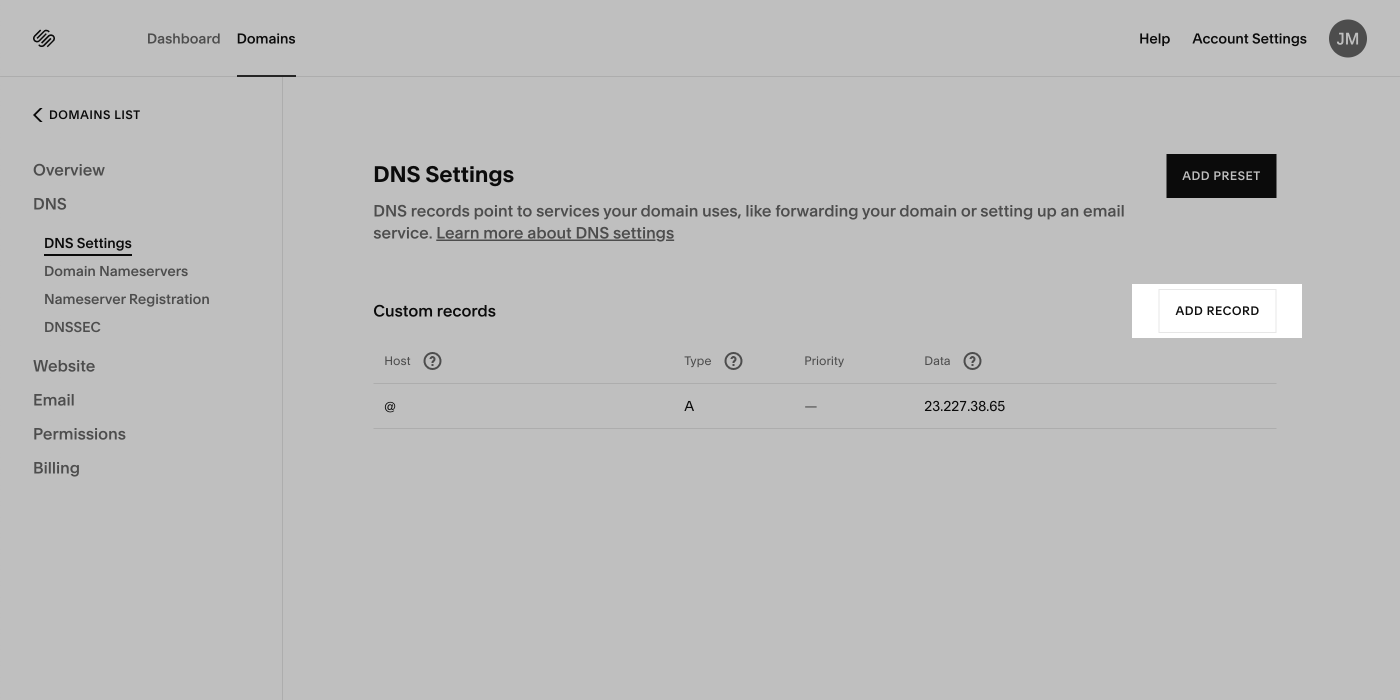 Highlight of the 'ADD RECORD' button in Squarespace's DNS Settings page